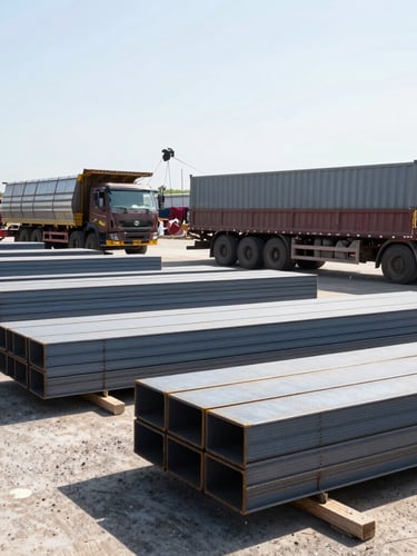 Wide environmental shot of an organized commercial material yard, stacked steel beams, flatbed truck loading under harsh daylight, 35mm