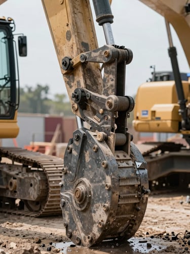 Tight, functional macro shot of heavy machinery hydraulic arm operating on an active site, gritty industrial texture, harsh daylight, 35mm