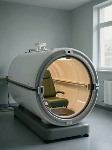 Moody editorial photography of a modern hyperbaric oxygen chamber in a clean, slate-gray clinic space, soft natural light, 35mm lens