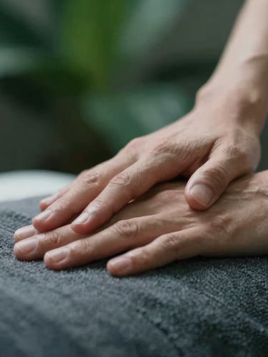 Close-up macro photography of clinical hands-on massage therapy, moody directional natural light, deep organic greens, 35mm lens