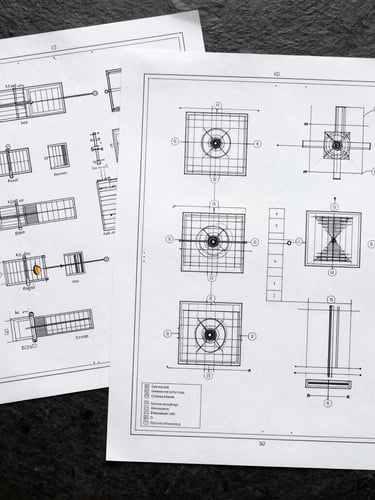High-contrast top-down flat lay of printed technical blueprints and diagnostic reports on a dark slate laboratory table, harsh direct lighting, desaturated monochrome with amber accents, 35mm