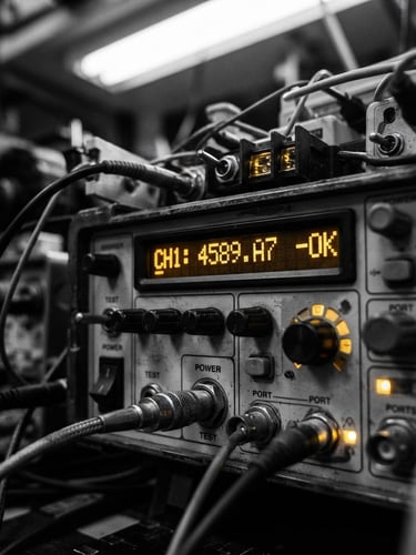 Macro close-up of high-contrast physical diagnostic equipment, harsh direct laboratory lighting, desaturated monochrome with terminal-amber reflections, sharp focus
