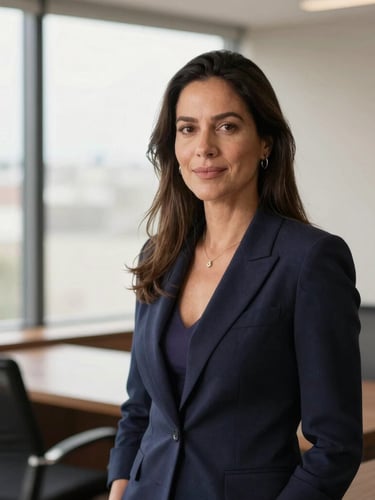 Professional portrait of Elane Sampaio in a modern, quiet office, soft natural window light, shallow depth of field, warm editorial photography, muted navy and slate-lilac tones.