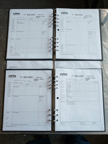 Overhead flat-lay on a metal desk: regulatory binders, printed customs declaration forms, batch-code labels, and a shipping manifest arranged in neat rows under cool diffused daylight, no people present