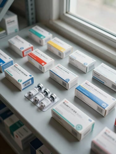 Close overhead flat-lay of pharmaceutical product boxes and sealed vials arranged in rows on a warehouse shelf, batch code labels visible, cool daylight from a high window, neutral gray surface, no people