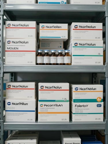 Overhead flat-lay shot of pharmaceutical product boxes and glass vials arranged by category on a steel warehouse shelf, cool daylight from a high window, labels and batch codes visible, crisp and even lighting with no shadows