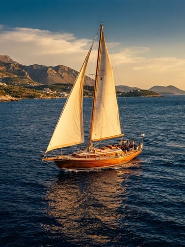 Cinematic wide-angle shot of a classic wooden sailboat cruising the Mediterranean at golden hour, deep saturated blue water, soft warm light, 35mm film grain