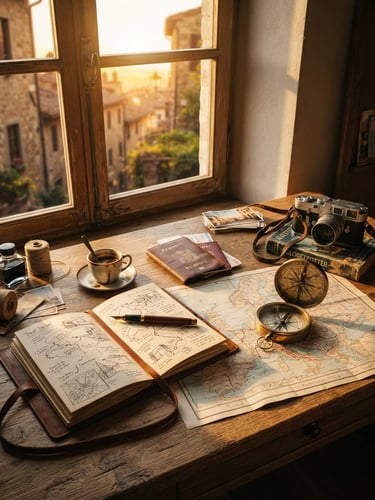 Elegant travel planner desk with maps, vintage compass, and golden hour sunlight streaming through a window, rich editorial travel style