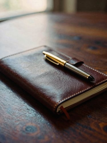 Close-up of a luxury leather travel journal and gold pen on a dark wooden table, soft ambient indoor light, 35mm film grain