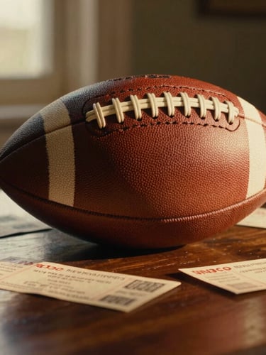 Close-up of a vintage leather football and match tickets on a dark wooden table, warm golden-hour light filtering through a window, 35mm film grain.