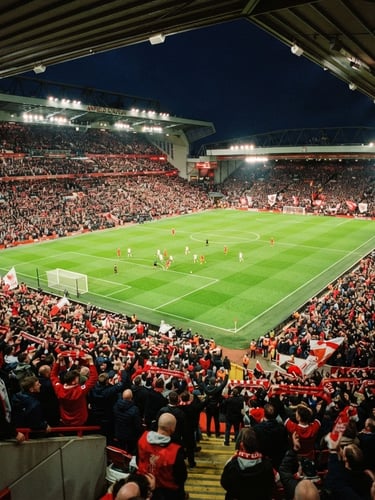 Dramatic high-angle shot of a packed European football stadium under intense floodlights, vibrant green pitch, roaring crowd in the stands, cinematic 35mm film grain.