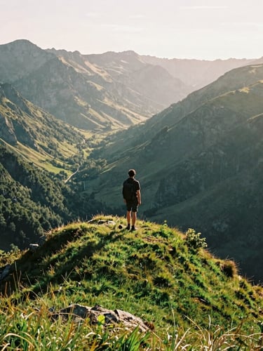 Wide-angle cinematic shot of a traveler standing on a lush green cliff overlooking a misty mountain valley in France, natural golden-hour sunlight, 35mm film grain