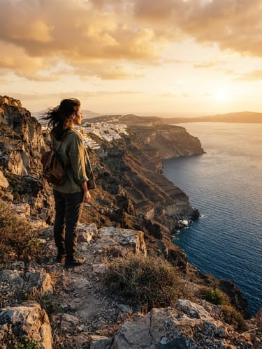 Wide-angle cinematic shot of a traveler looking out over a dramatic Mediterranean cliffside at golden hour, 35mm film grain, deep saturated tones