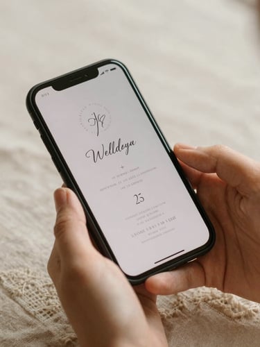 Close-up of elegant hands holding a smartphone displaying a minimalist digital wedding invitation, soft afternoon light, warm linen background, 35mm photography