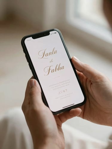 Elegant lifestyle photography, soft natural afternoon light, warm neutral tones, close-up of hands holding a smartphone displaying an elegant wedding invitation with gold serif typography, 35mm