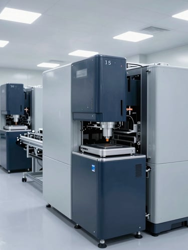 Wide panoramic shot of a sterile automated smart factory assembly line, cold bright clinical studio lighting, metallic gray and deep navy tones, sharp focus, 50mm.
