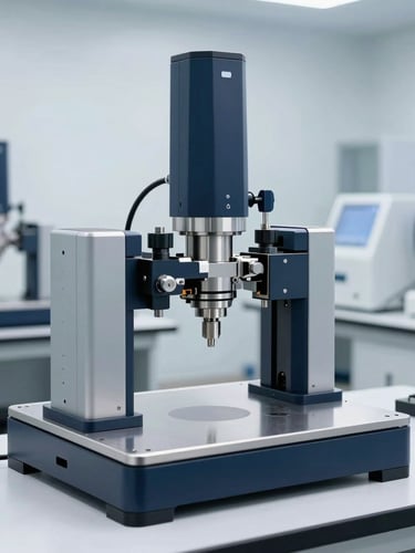Sleek high-tech industrial hardware testing laboratory, cold bright clinical studio lighting, metallic surfaces, precision testing equipment in background, sharp focus, 50mm
