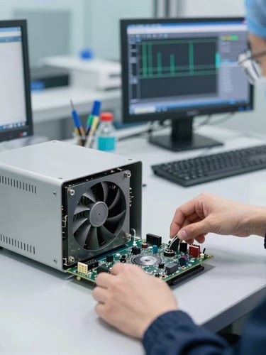 An industrial engineer configuring a fanless embedded box PC on a sterile ESD-safe workbench, cold clinical lighting, tools and diagnostic screens in background, sharp focus