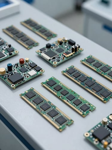 Overhead technical layout of computer memory chips and industrial motherboard components on a sterile light-gray metallic workbench, clinical lighting, sharp focus