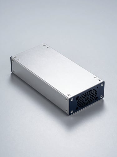 Sleek industrial fanless box PC on a solid clinical light-gray metallic background, high-precision studio lighting, sharp focus, 50mm