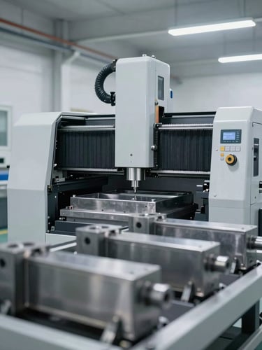 Wide environmental shot of a clean, brightly lit industrial manufacturing facility with CNC machinery, steel components in the foreground, 50mm
