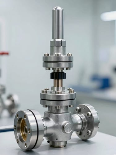Close-up of a high-pressure valve assembly undergoing hydrostatic pressure testing in a clean, modern factory environment, bright daylight, sharp focus on metal finish, 50mm.