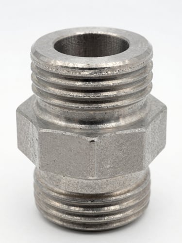 Close-up of machined steel wellhead component under bright clean industrial studio lighting, sharp focus, 50mm