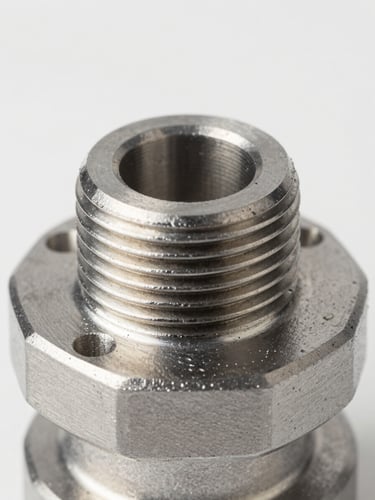 Macro close-up of a machined steel wellhead component under bright studio light, highlighting thread precision and metallic finish, clean industrial photography, 50mm