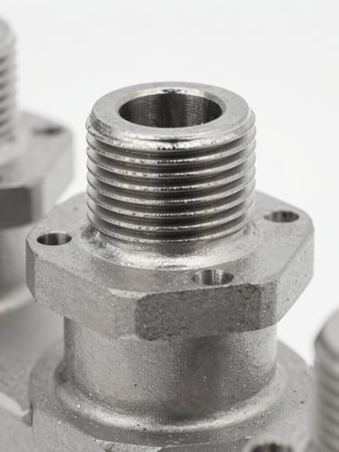 Close-up of a machined steel wellhead component under bright clean industrial studio lighting, highlighting thread precision and metallic finish, neutral gray tones.