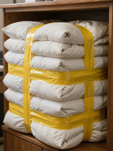 Close-up of thick quilted moving blankets tightly wrapped around a wooden cabinet, secured with heavy-duty yellow packing tape, high visibility lighting.