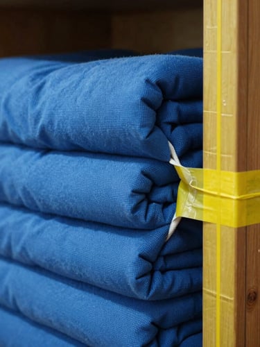 Close-up of thick blue moving blankets being wrapped tightly around a wooden wardrobe with heavy-duty yellow packing tape, bright natural UAE daylight, sharp focus on the textures of the fabric.