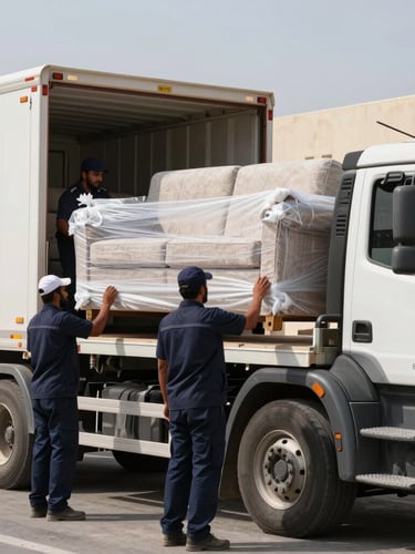 Action mid-shot of a heavy-duty moving truck parked in Muwaileh Commercial Sharjah, bright UAE daylight, workers in navy uniforms loading a securely wrapped sofa.