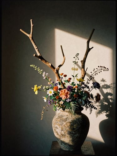Moody medium-format film photograph of sculptural branches and wild mountain florals arranged in a weathered stone vessel, directional window light casting deep shadows.