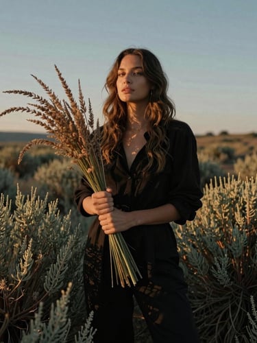 Low-angle golden hour portrait of designer Joli Youngberg in a field of native sagebrush, holding a bundle of wild grasses, soft focus, rich earthy tones.