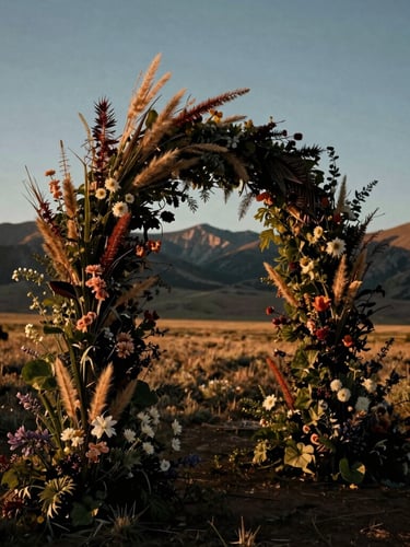 Low-angle golden hour shot of an oversized floral arch composed of wild sculptural branches and native mountain flora, standing in an open Wyoming valley with deep shadows.
