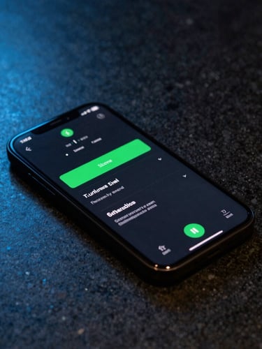Sleek smartphone displaying an elegant dark UI interface resting on a textured obsidian restaurant table, subtle green digital glow, macro close-up, 35mm lens