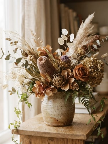 Close-up of a sculptural floral arrangement in a ceramic vase, soft natural window light, organic earthy tones, shallow depth of field, 35mm film