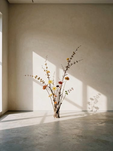 A minimalist composition of branches and seasonal blooms in an empty sunlit gallery space, elegant shadows on a soft clay wall