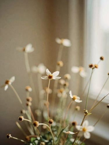 Detailed macro shot of wild botanical textures, delicate stems and soft petals, warm natural light with subtle organic shadows