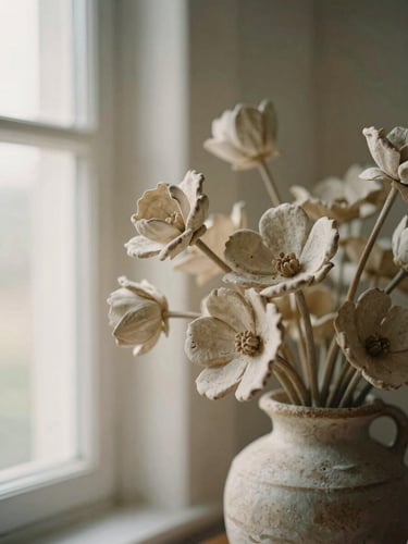 Close-up of a sculptural floral arrangement in a rough ceramic vase, soft warm afternoon window light, shallow depth of field, neutral linen background