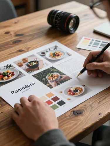 Behind-the-scenes content planning at Pomodoro agency, hands arranging a moodboard with culinary prints and color swatches on a rustic oak table, soft morning light