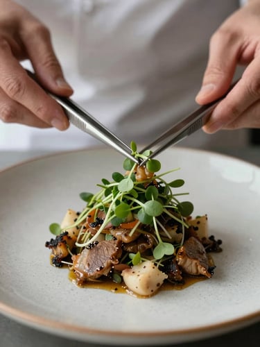Close-up macro shot of a seasonal dish being plated, blurred chef hands using tweezers to place a microgreen, soft natural side lighting, textured ceramic plate