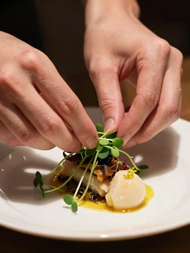 Close-up shot of hands carefully placing a microgreen garnish on a beautifully plated dish, soft side-lighting, warm tones, editorial food photography style.