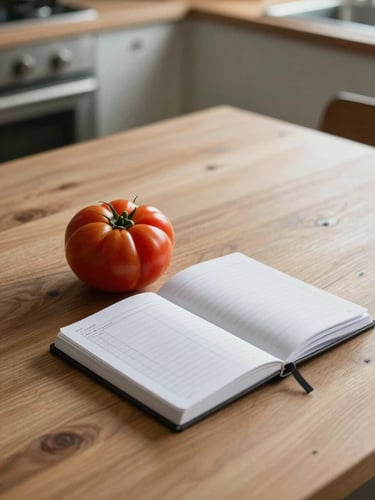 Soft diffused daylight on a minimalist wooden table, a notebook with editorial content planning grids next to a fresh raw heirloom tomato, rustic kitchen setting.