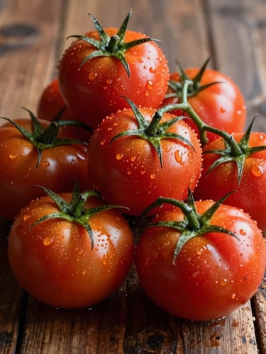 Primer plano vertical de un manojo de tomates de colgar recién cosechados con tierra húmeda, luz lateral difusa de mañana, fondo de madera rústica.