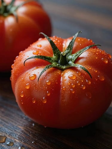 Macro close-up of textured heirloom tomatoes on a dark wooden surface, soft morning daylight, water droplets, minimalist composition