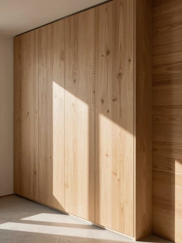Close-in wide frame of a finished built-in millwork wall in an empty room, natural north-facing daylight raking across the wood grain, revealing edge profiles and hand-fitted reveal lines — no furniture, no people, subject is the joinery itself