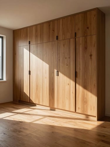 Wide environmental shot of an empty finished room — flush-fit built-in cabinetry along one wall, continuous grain pattern across the doors, afternoon light from a bare window casting long shadows on the hardwood floor