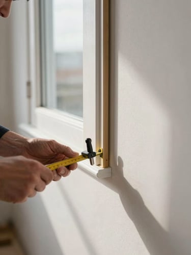 Close-up wide-angle view of a carpenter's hands measuring a door casing reveal against a freshly primed wall, a marking gauge resting on the trim, north-facing window light casting clean shadows across the wood grain and wall surface