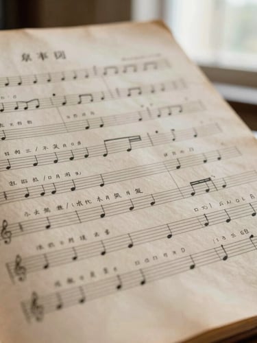 A close-up archival photograph of a hand-inked choral score on aged parchment paper, showing delicate musical notation and handwritten Chinese characters under soft library light.